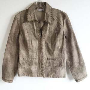 Chico’s Women’s Taupe Snakeskin Print Jeweled Trim Jacket